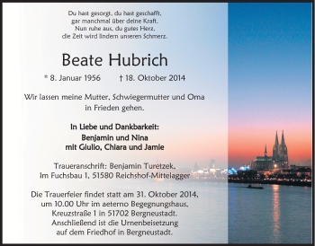 Anzeige von Beate Hubrich von  Anzeigen Echo 