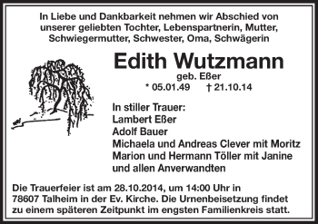 Anzeige von Edith Wutzmann von  Sonntags-Post 
