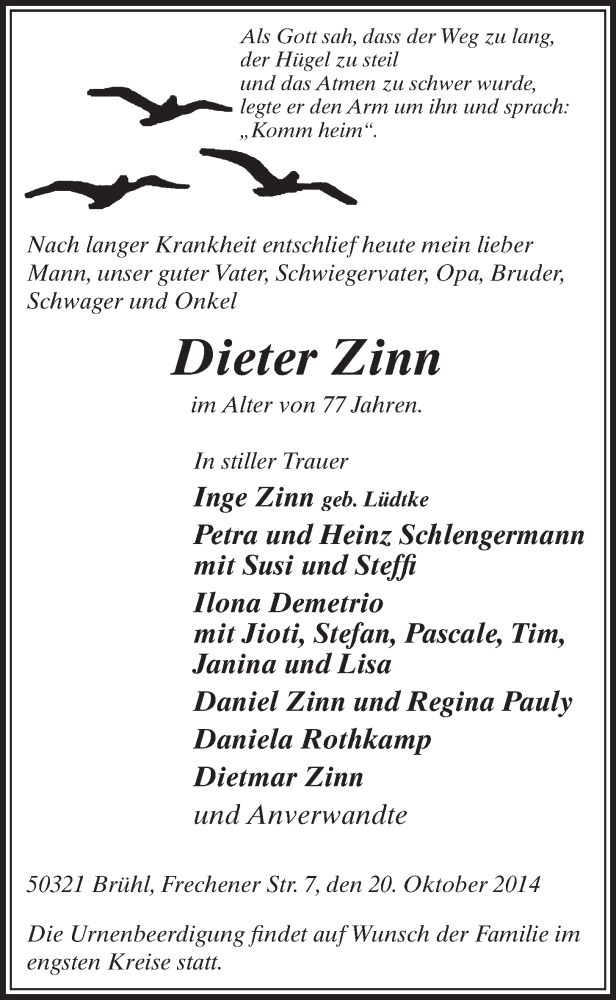  Traueranzeige für Dieter Zinn vom 29.10.2014 aus  Schlossbote/Werbekurier 