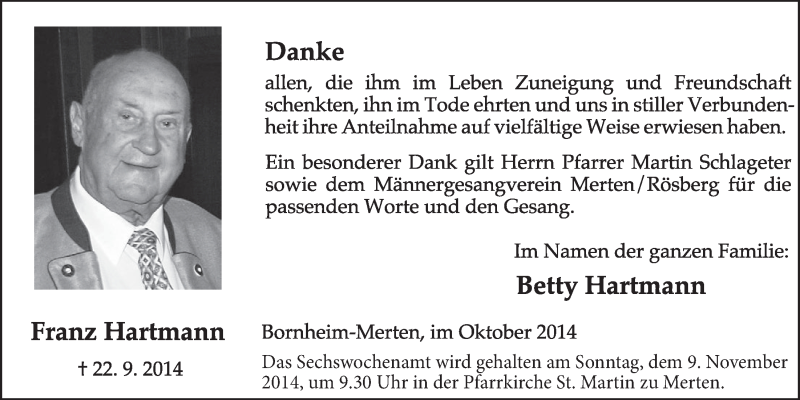  Traueranzeige für Franz Hartmann vom 29.10.2014 aus  Schlossbote/Werbekurier 