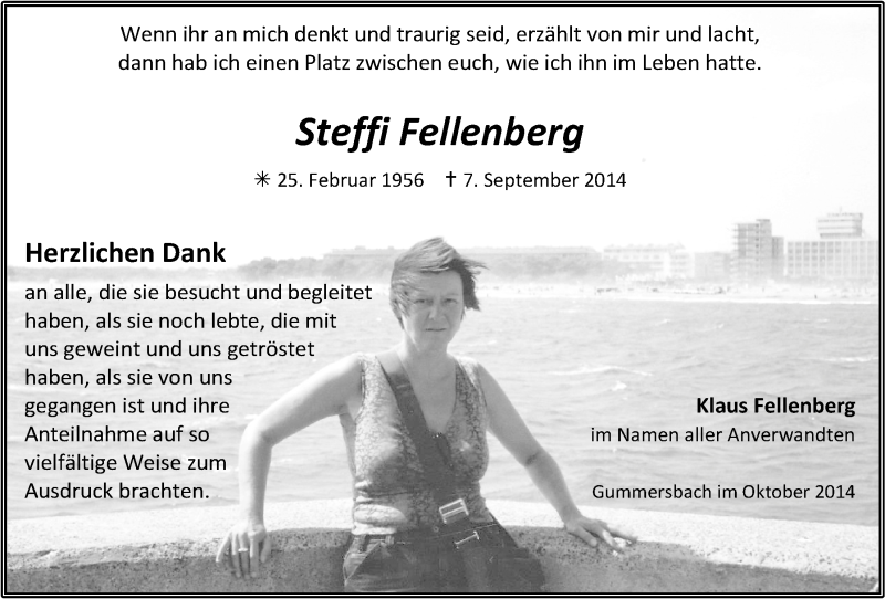  Traueranzeige für Steffi Fellenberg vom 29.10.2014 aus  Anzeigen Echo 