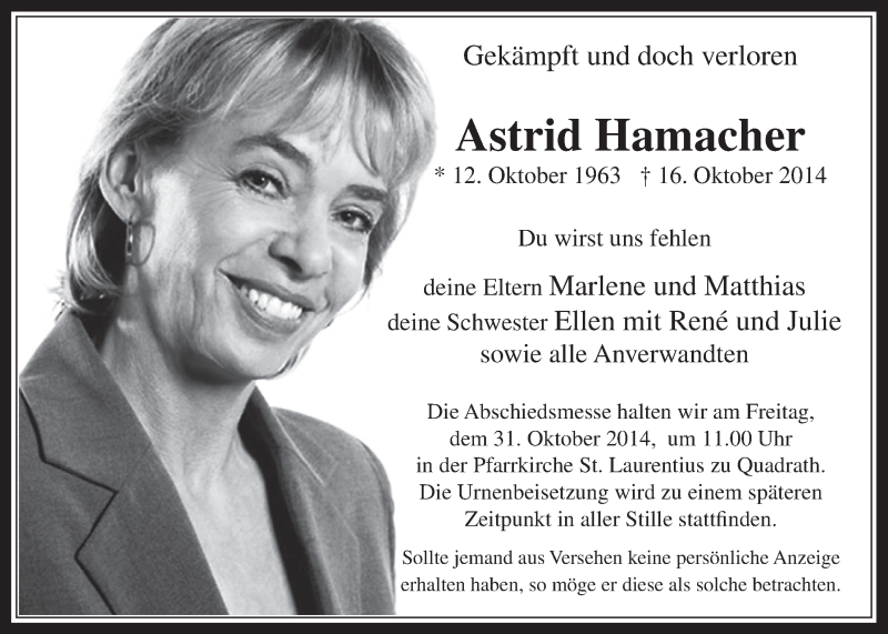  Traueranzeige für Astrid Hamacher vom 29.10.2014 aus  Werbepost 