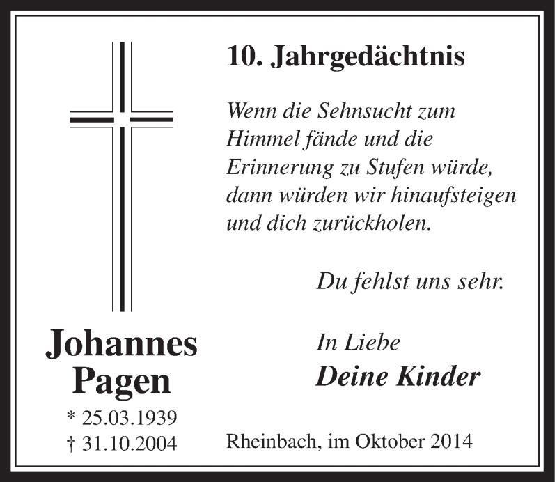  Traueranzeige für Johannes Pagen vom 29.10.2014 aus  Schaufenster/Blickpunkt 