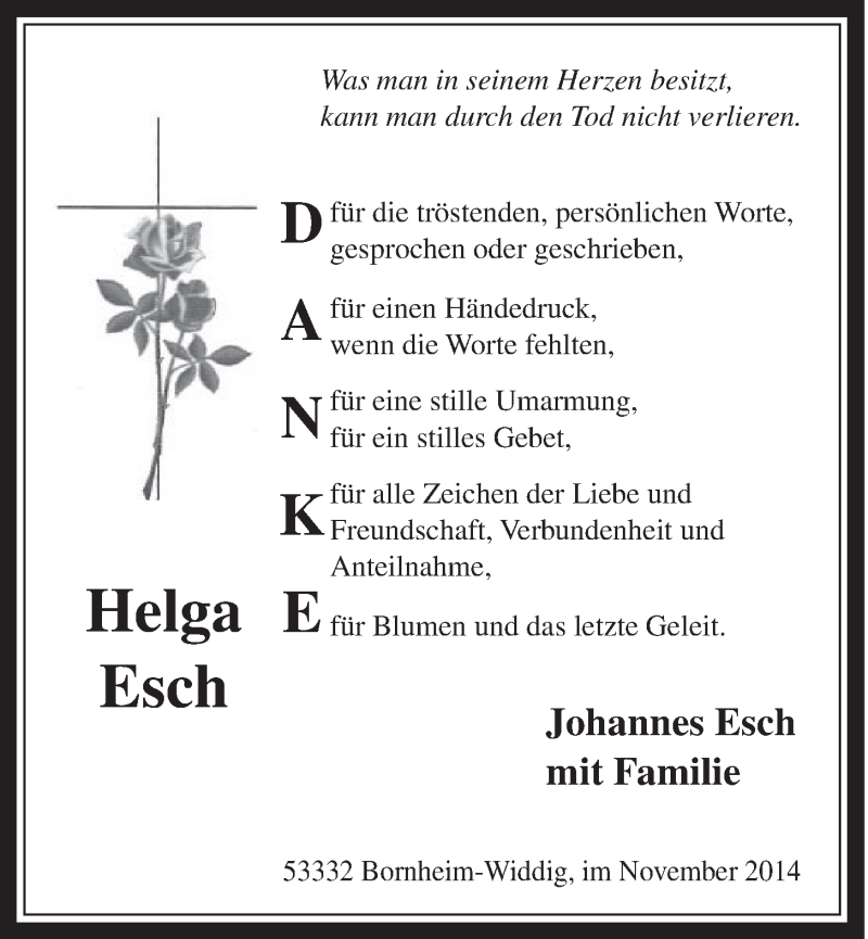  Traueranzeige für Helga Esch vom 29.10.2014 aus  Schlossbote/Werbekurier 