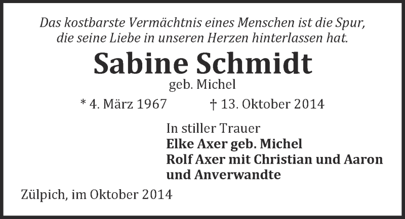  Traueranzeige für Sabine Schmidt vom 26.10.2014 aus  Blickpunkt Euskirchen 