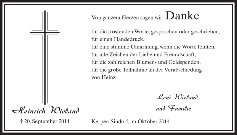  Traueranzeige für Heinrich Wieland vom 31.10.2014 aus  Sonntags-Post 