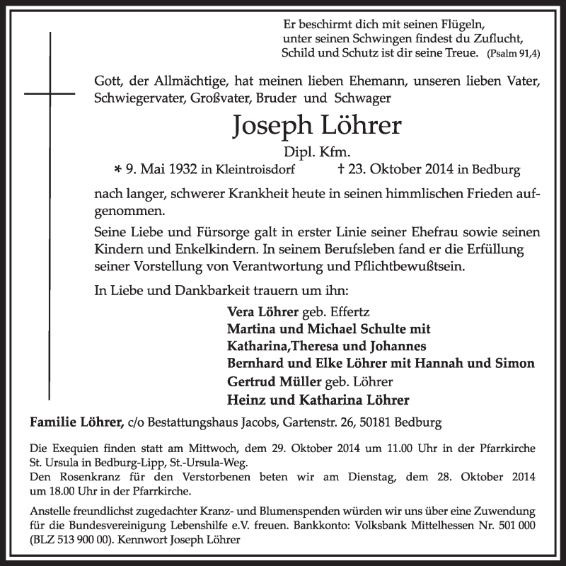  Traueranzeige für Joseph Löhrer vom 25.10.2014 aus  Sonntags-Post 