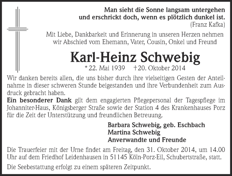  Traueranzeige für Karl-Heinz Schwebig vom 29.10.2014 aus  Kölner Wochenspiegel 