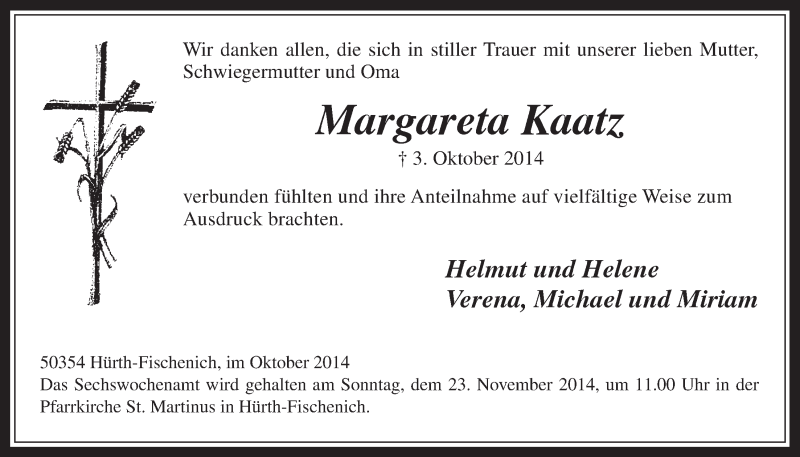  Traueranzeige für Margareta Kaatz vom 29.10.2014 aus  Wochenende 