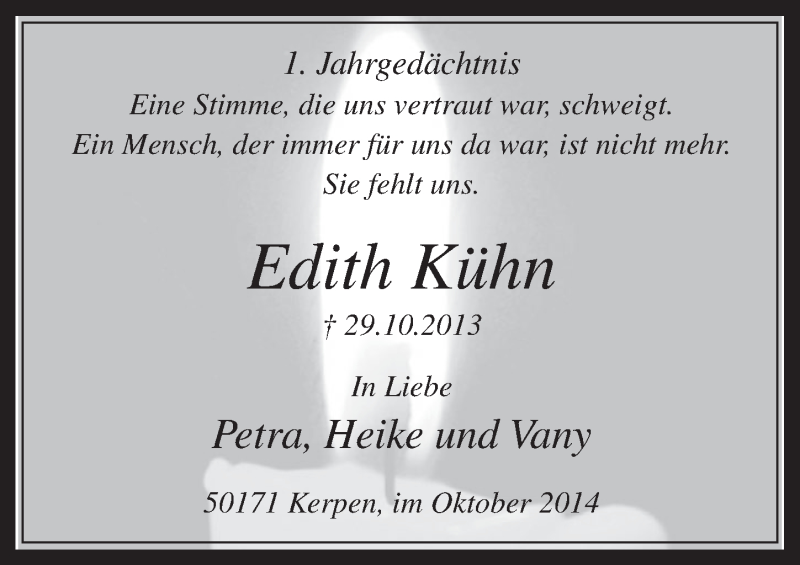  Traueranzeige für Edith Kühn vom 29.10.2014 aus  Werbepost 