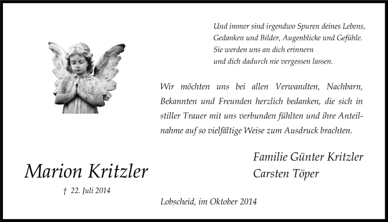  Traueranzeige für Marion Kritzler vom 29.10.2014 aus  Anzeigen Echo 