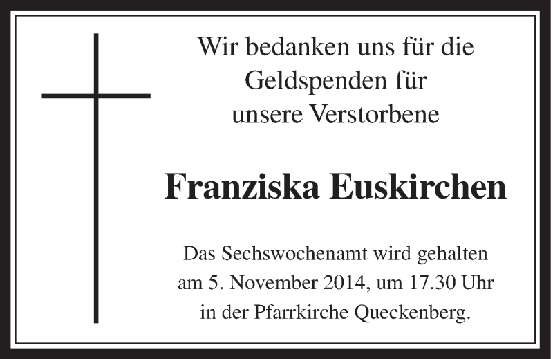  Traueranzeige für Franziska Euskirchen vom 29.10.2014 aus  Schaufenster/Blickpunkt 
