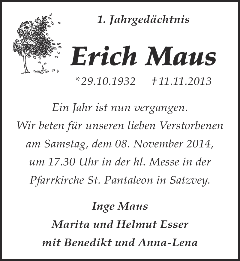  Traueranzeige für Erich Maus vom 02.11.2014 aus  Blickpunkt Euskirchen 