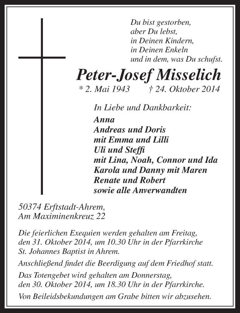  Traueranzeige für Peter-Josef Misselich vom 29.10.2014 aus  Werbepost 
