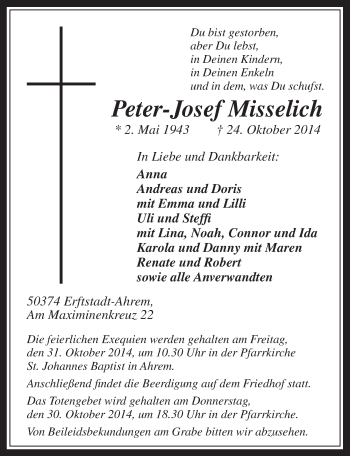 Anzeige von Peter-Josef Misselich von  Werbepost 