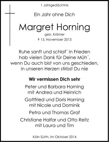 Anzeige von Margret Horning von  Kölner Wochenspiegel 