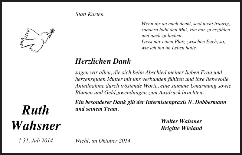  Traueranzeige für Ruth Wahsner vom 29.10.2014 aus  Anzeigen Echo 