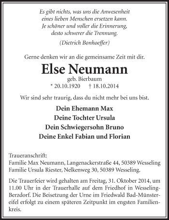 Anzeige von Else Neumann von  Schlossbote/Werbekurier 