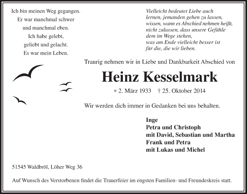  Traueranzeige für Heinz Kesselmark vom 29.10.2014 aus  Lokalanzeiger 
