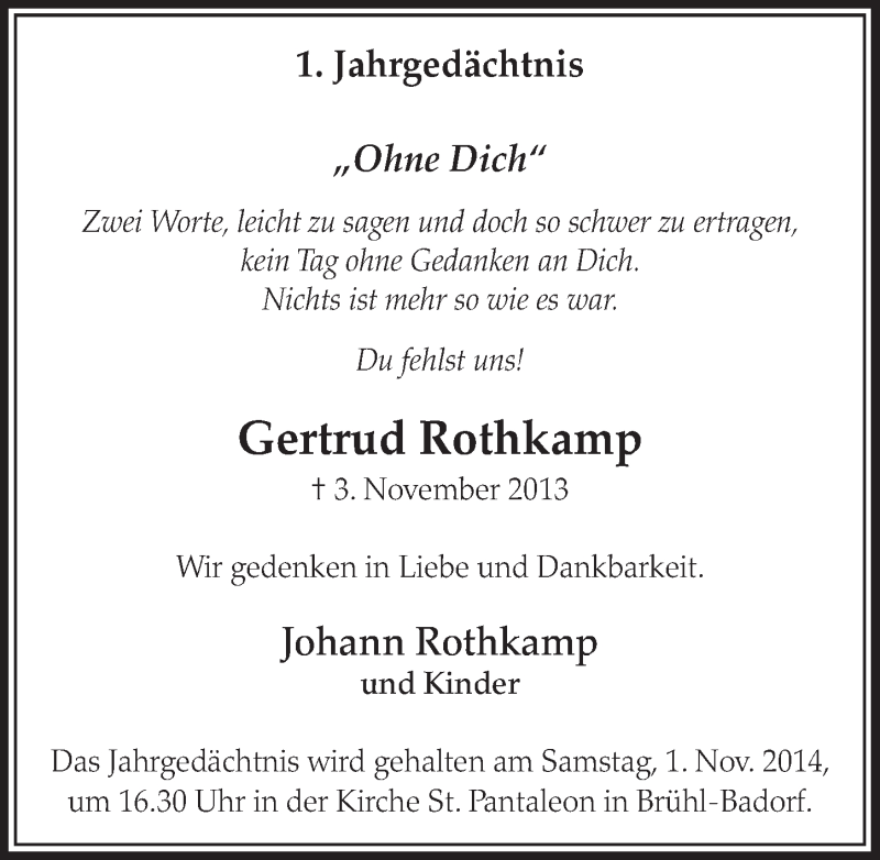  Traueranzeige für Gertrud Rothkamp vom 29.10.2014 aus  Schlossbote/Werbekurier 