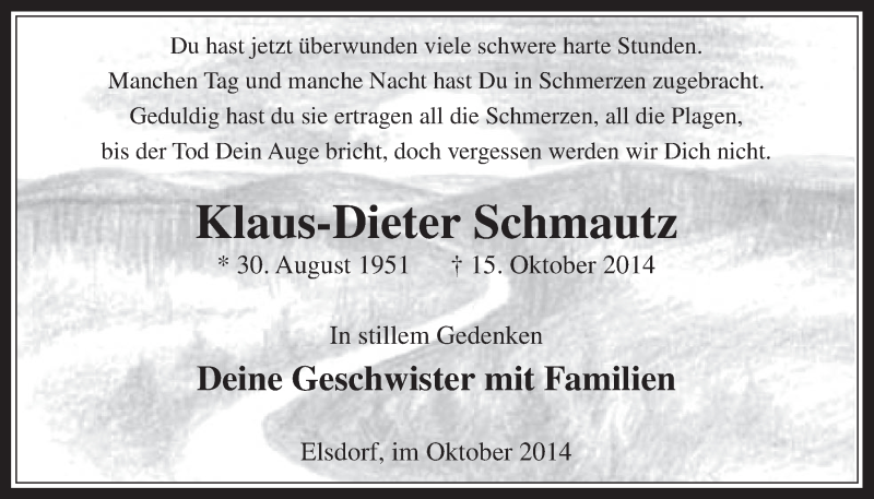  Traueranzeige für Klaus-Dieter Schmautz vom 29.10.2014 aus  Werbepost 