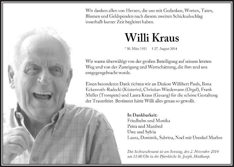  Traueranzeige für Willi Kraus vom 29.10.2014 aus  Bergisches Handelsblatt 