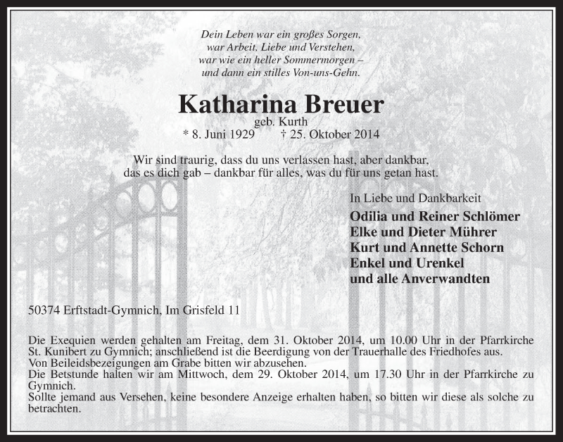  Traueranzeige für Katharina Breuer vom 29.10.2014 aus  Werbepost 