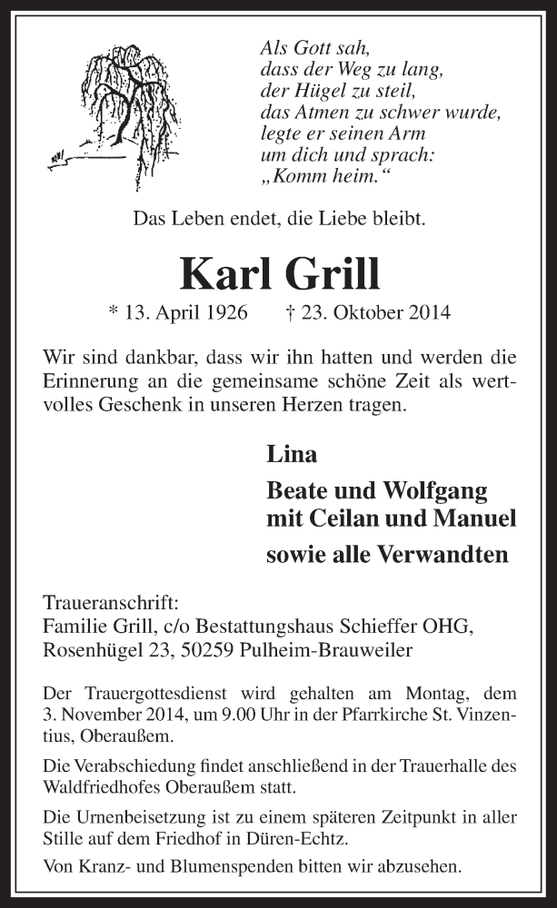  Traueranzeige für Karl Grill vom 29.10.2014 aus  Werbepost 