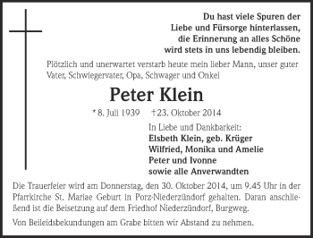 Anzeige von Peter Klein von  Kölner Wochenspiegel 