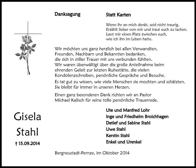  Traueranzeige für Gisela Stahl vom 29.10.2014 aus  Anzeigen Echo 