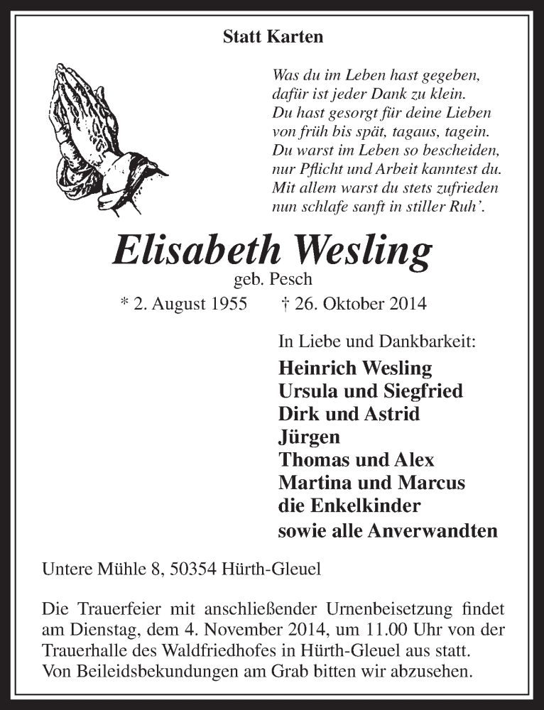  Traueranzeige für Elisabeth Wesling vom 29.10.2014 aus  Wochenende 