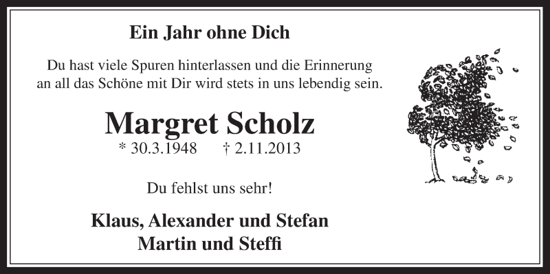  Traueranzeige für Margret Scholz vom 05.11.2014 aus  Werbepost 