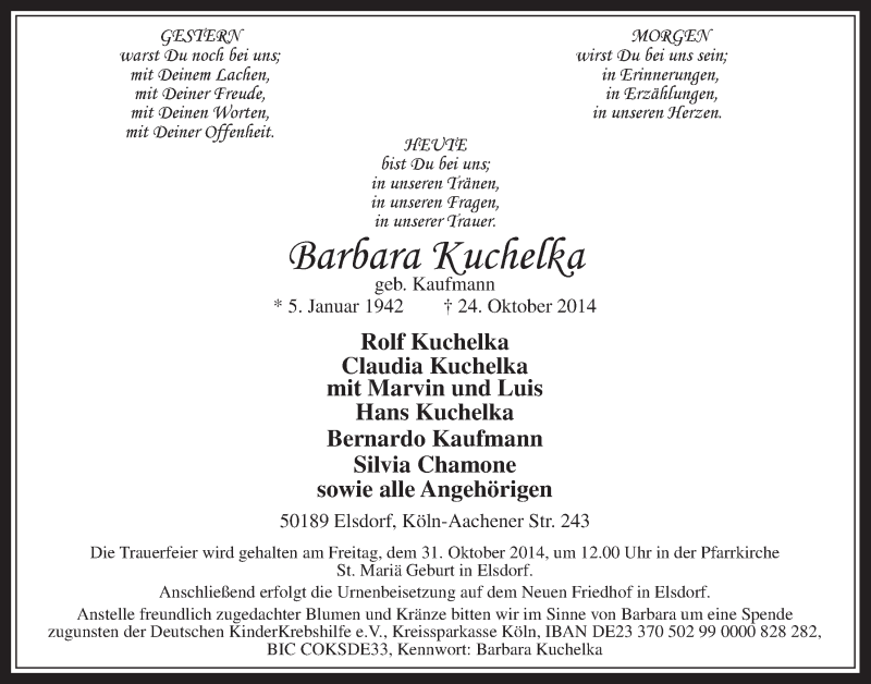  Traueranzeige für Barbara Kuchelka vom 29.10.2014 aus  Werbepost 