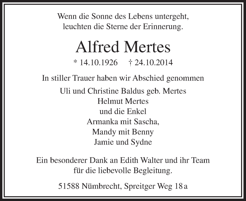  Traueranzeige für Alfred Mertes vom 29.10.2014 aus  Lokalanzeiger 