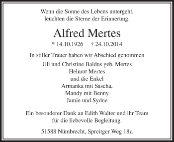 Anzeige von Alfred Mertes von  Lokalanzeiger 