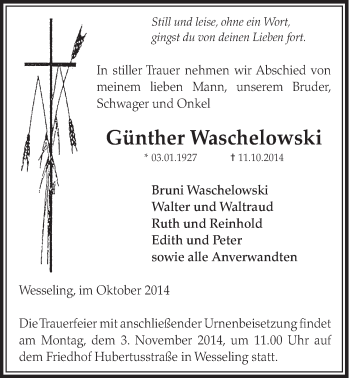 Anzeige von Günther Waschelowski von  Schlossbote/Werbekurier 