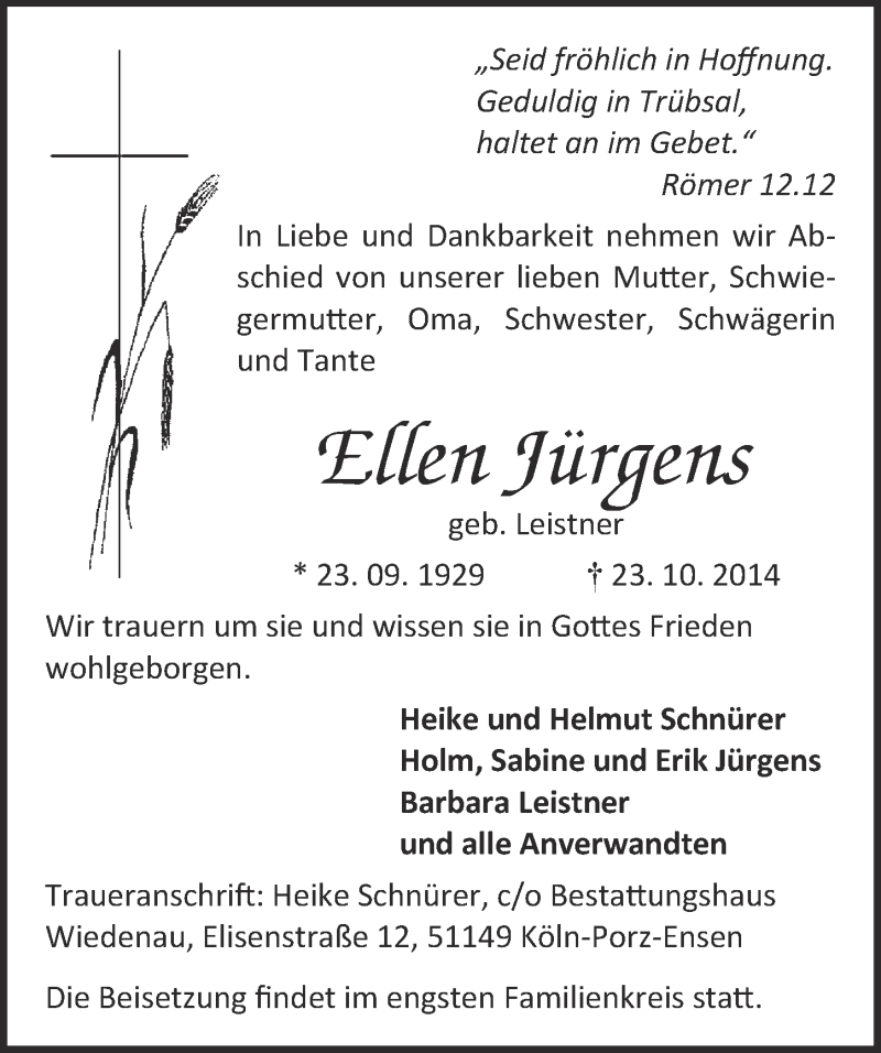  Traueranzeige für Ellen Jürgens vom 29.10.2014 aus  Kölner Wochenspiegel 