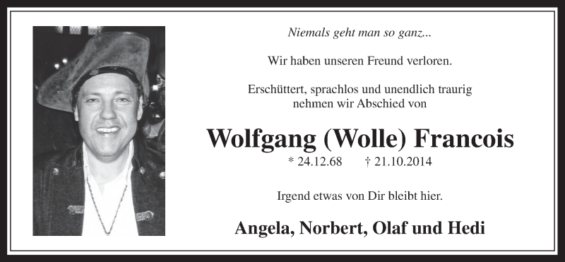  Traueranzeige für Wolfgang Francois vom 29.10.2014 aus  Wochenende 