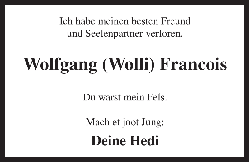  Traueranzeige für Wolfgang Francois vom 29.10.2014 aus  Wochenende 
