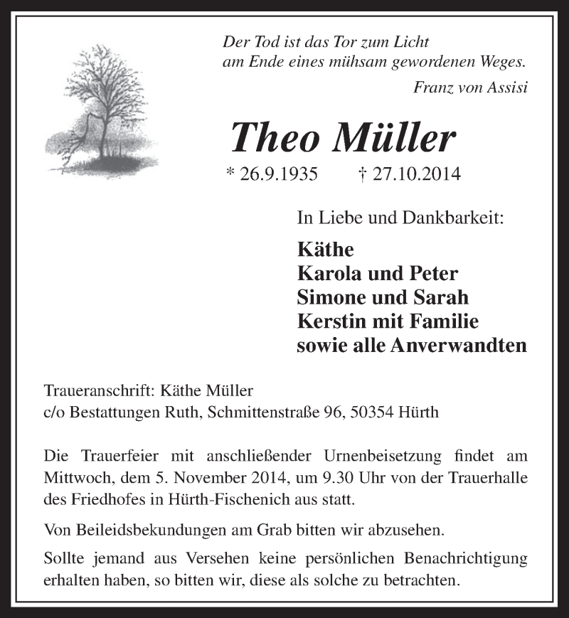  Traueranzeige für Theo Müller vom 29.10.2014 aus  Wochenende 