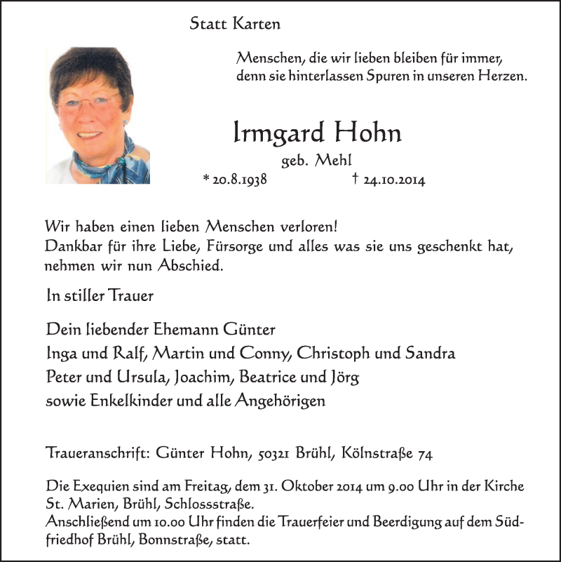  Traueranzeige für Irmgard Hohn vom 29.10.2014 aus  Schlossbote/Werbekurier 
