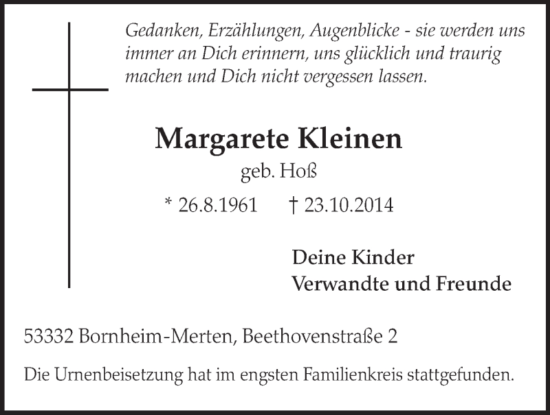 Traueranzeige für Margarete Kleinen vom 05.11.2014 aus  Schlossbote/Werbekurier 