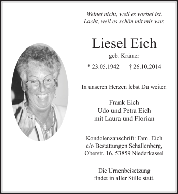 Anzeige von Liesel Eich von  Extra Blatt 