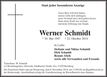 Anzeige von Werner Schmidt von  Bergisches Handelsblatt 