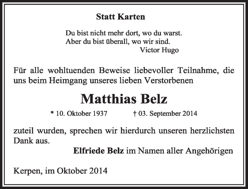  Traueranzeige für Matthias Belz vom 31.10.2014 aus  Sonntags-Post 