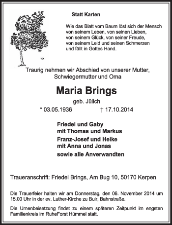 Anzeige von Maria Brings von  Sonntags-Post 