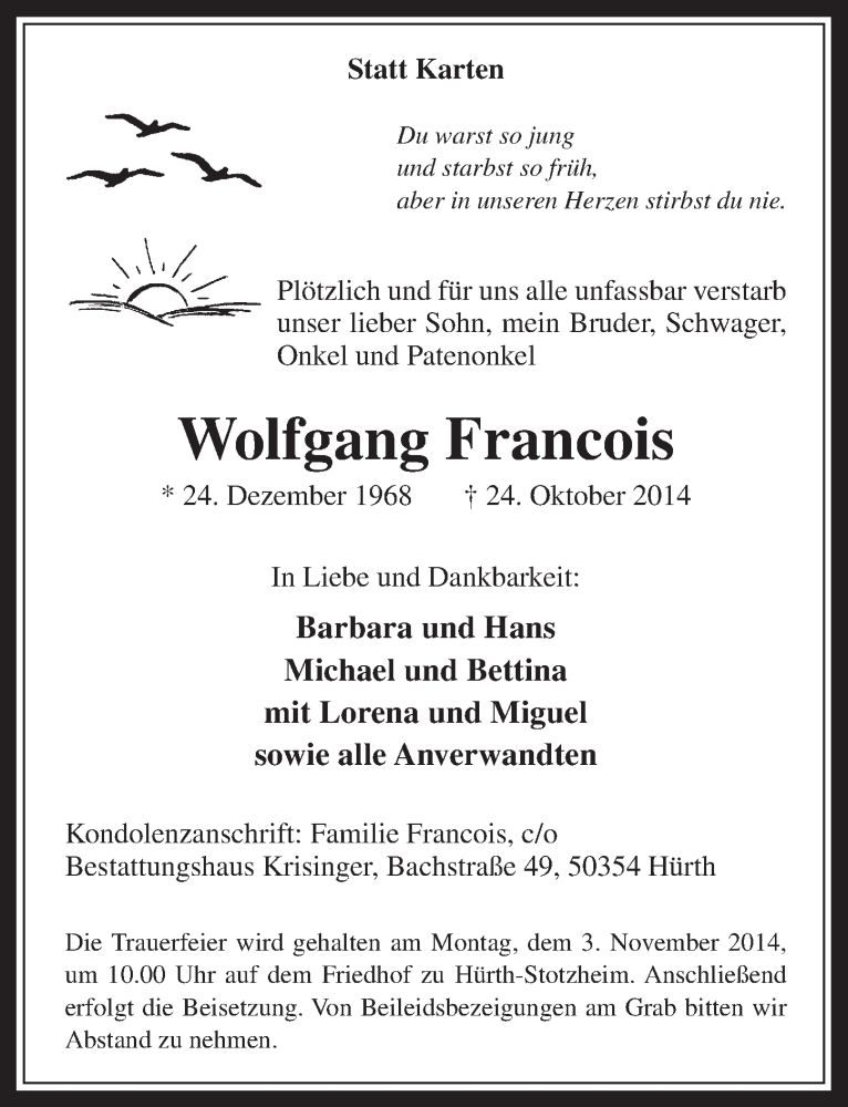  Traueranzeige für Wolfgang Francois vom 31.10.2014 aus  Sonntags-Post 