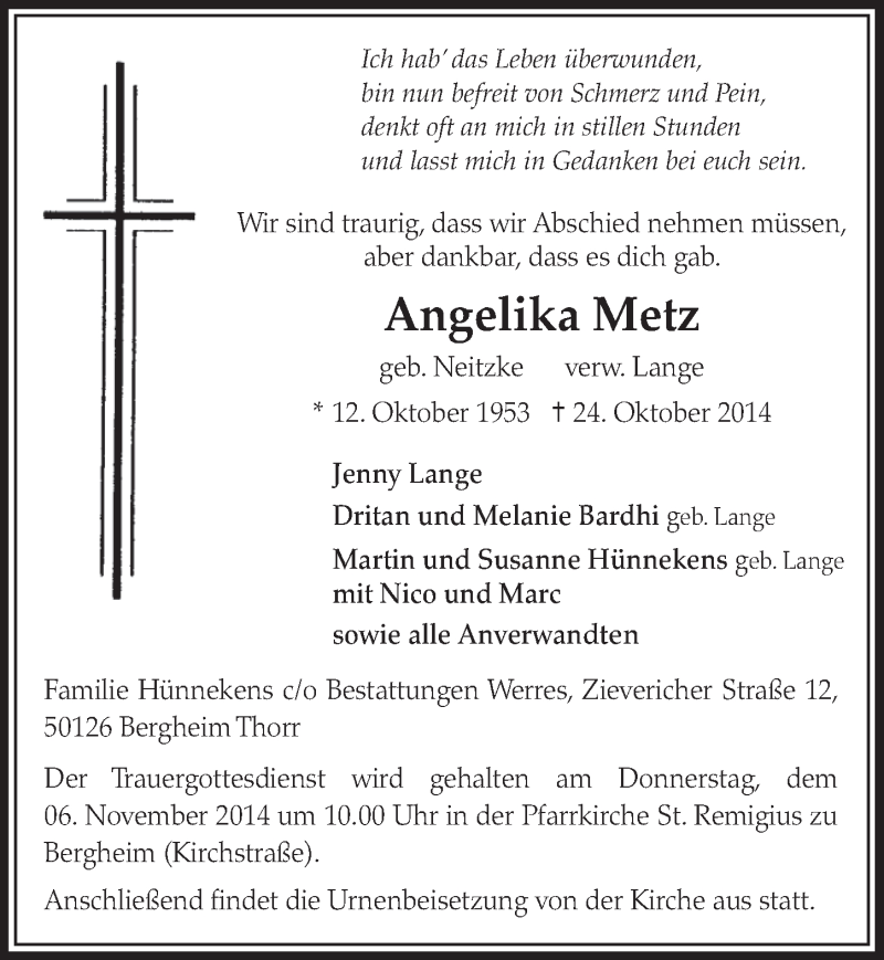  Traueranzeige für Angelika Metz vom 31.10.2014 aus  Sonntags-Post 