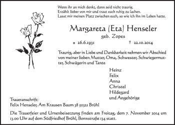 Anzeige von Margareta Henseler von  Schlossbote/Werbekurier 