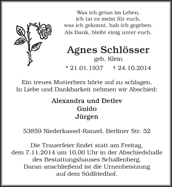 Anzeige von Agnes Schlösser von  Extra Blatt 
